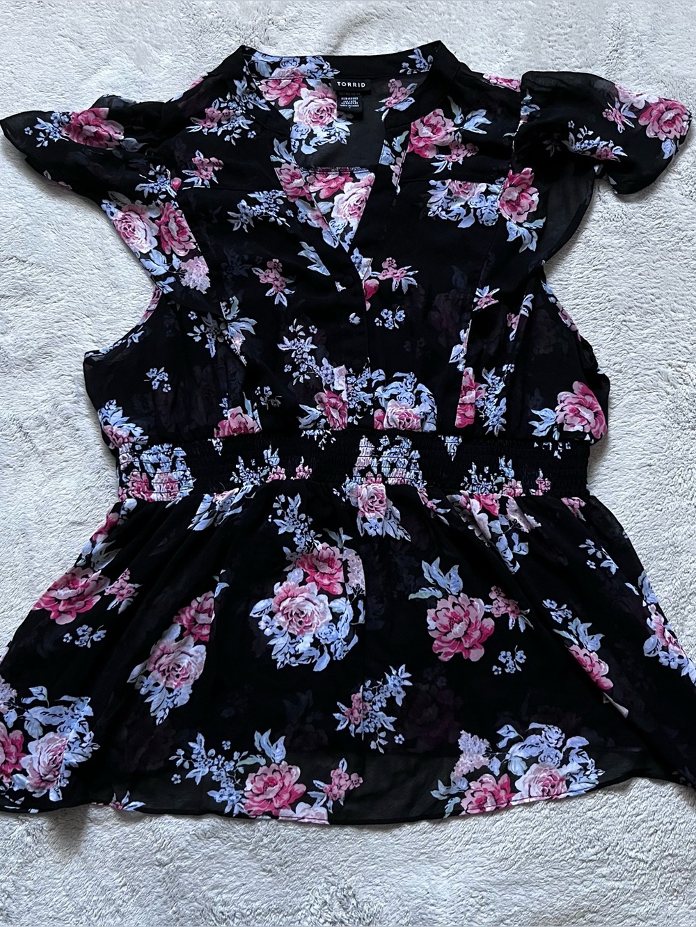 Torrid Women Top sheer black Floral Print V Neck Smocked Waist Peplum Size 1